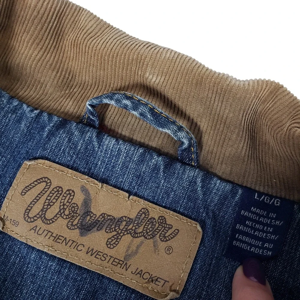 Wrangler Authentic Western Jacket Blue Denim Flannel Lined Corduroy Collar L